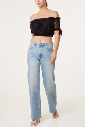 Lace Bardot Crop Top With Tie Sleeves