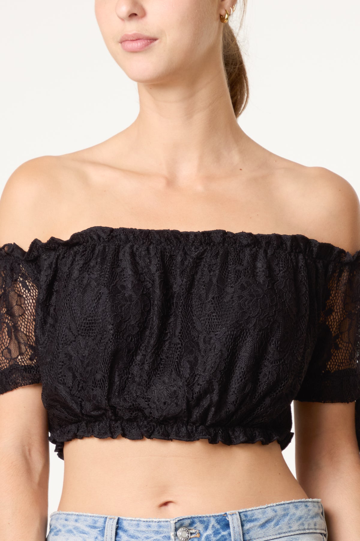 Lace Bardot Crop Top With Tie Sleeves