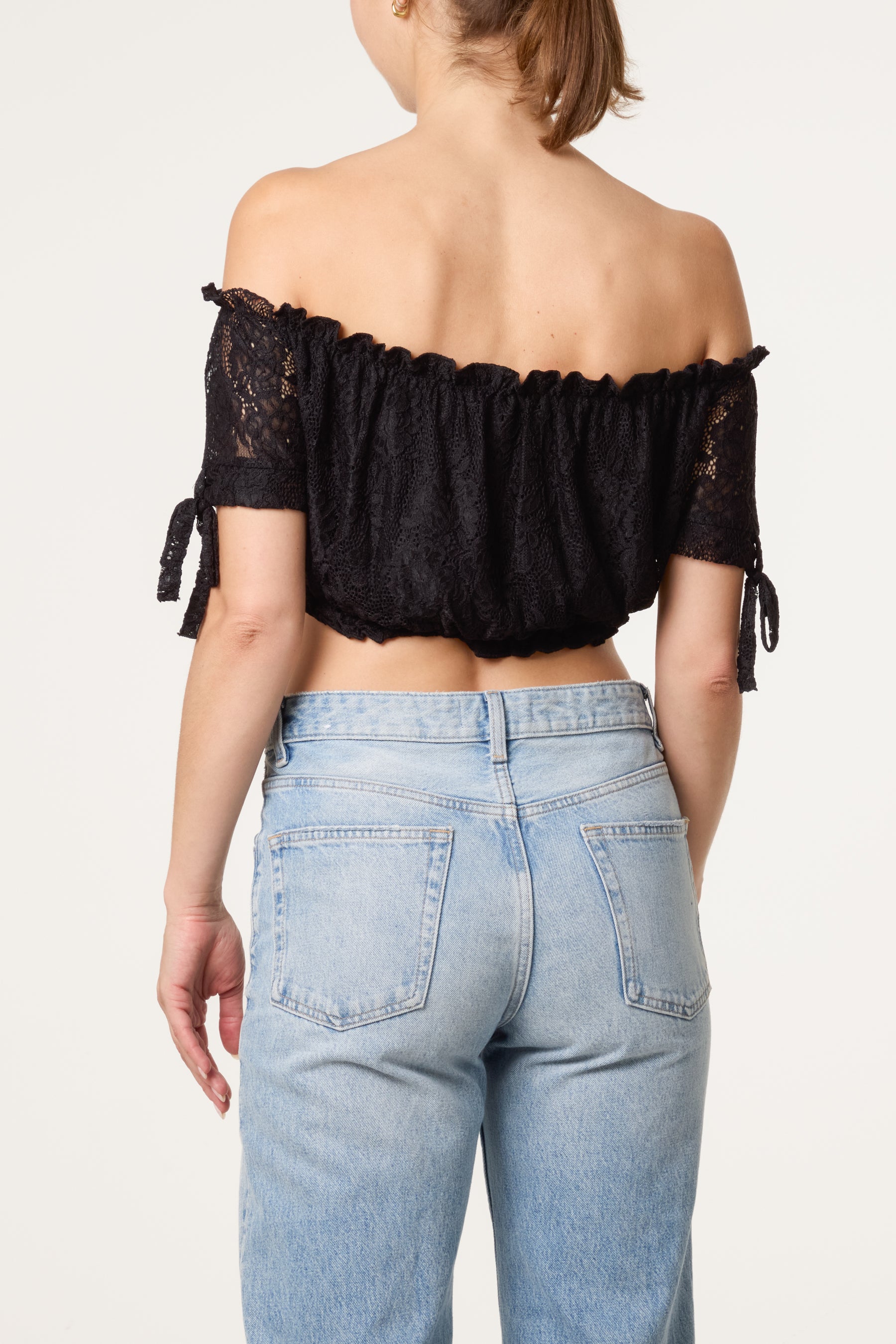 Lace Bardot Crop Top With Tie Sleeves