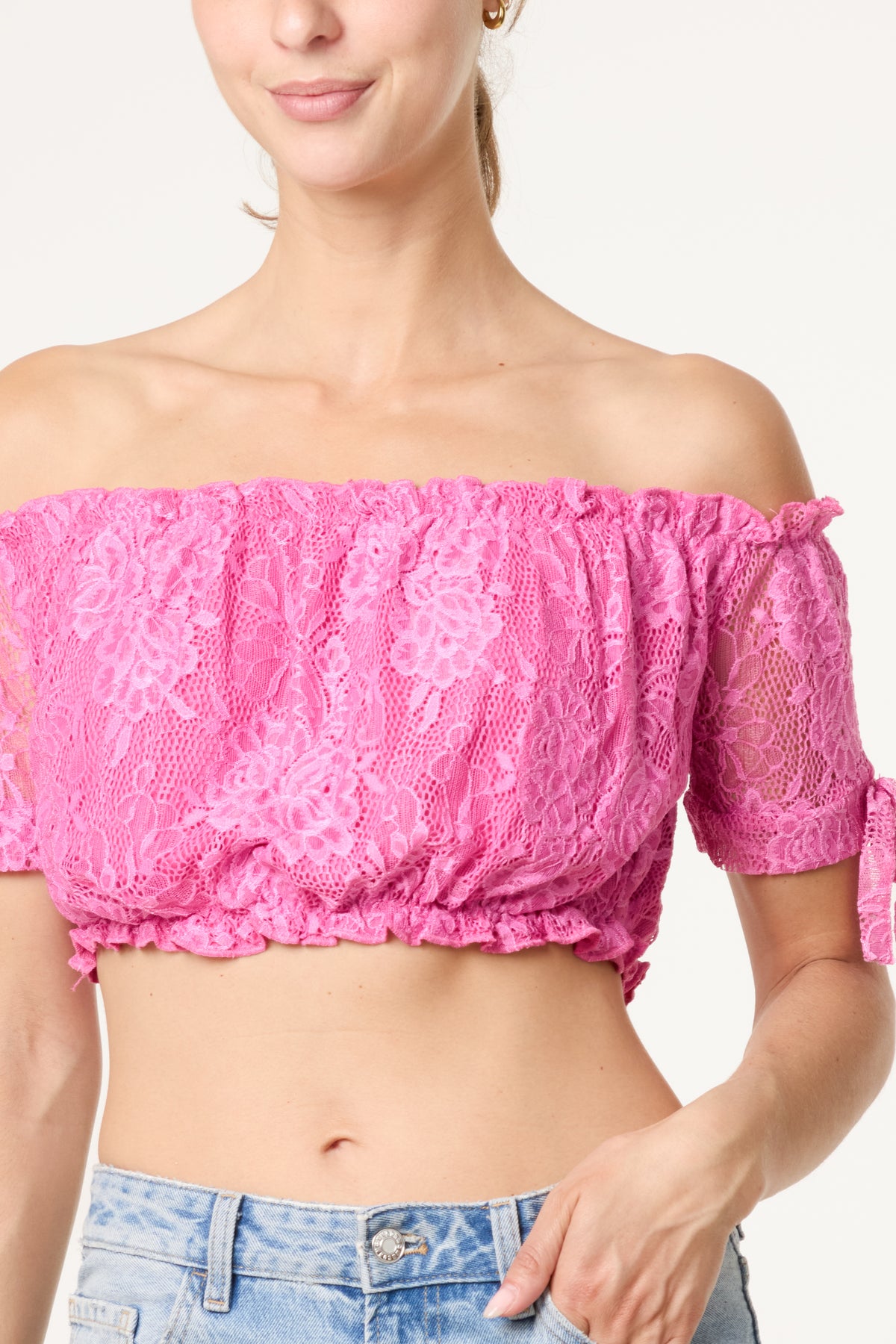 Lace Bardot Puff Crop Top