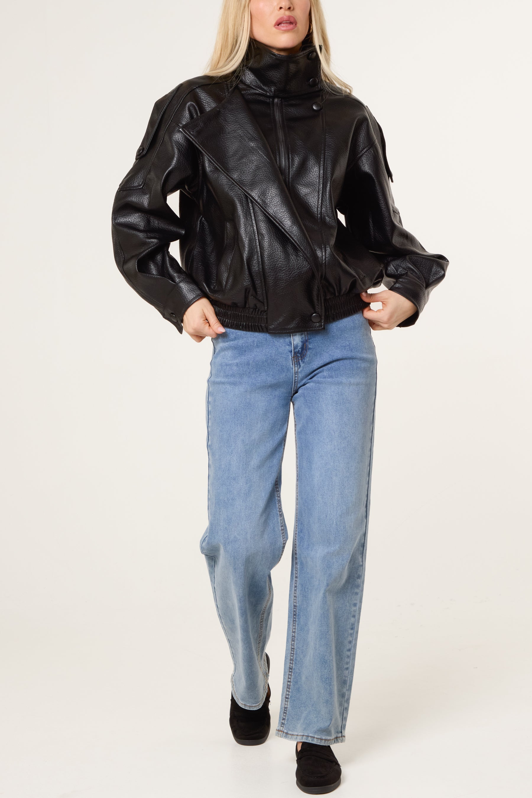 High Collar Faux Leather Jacket