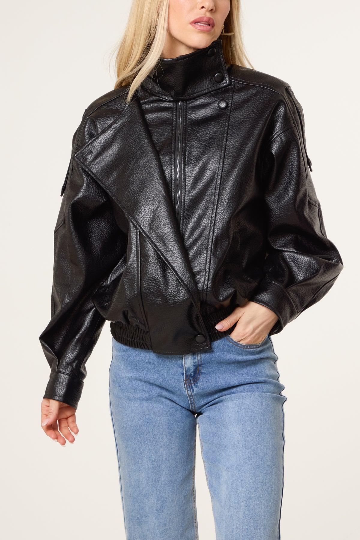 High Collar Faux Leather Jacket