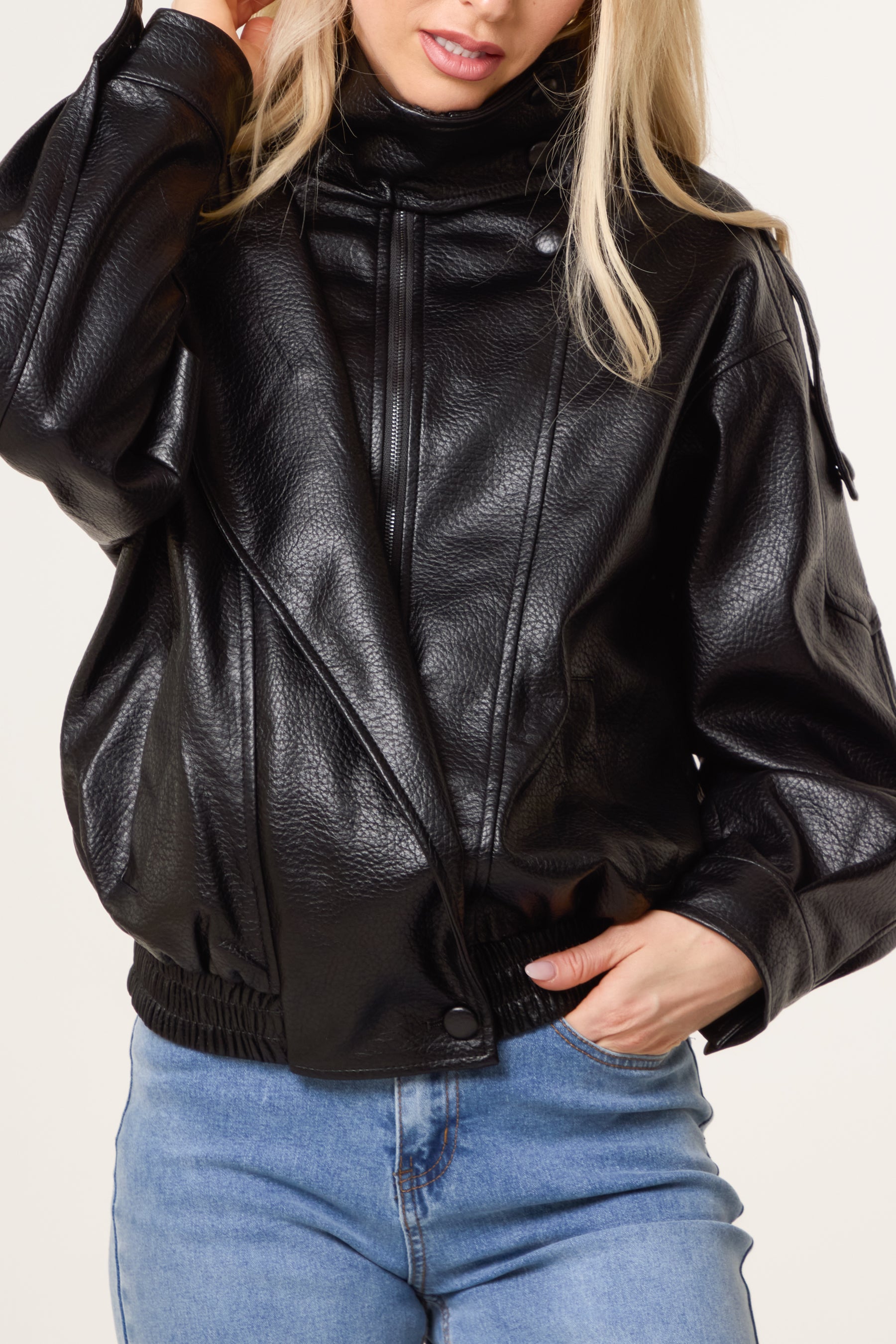 High Collar Faux Leather Jacket