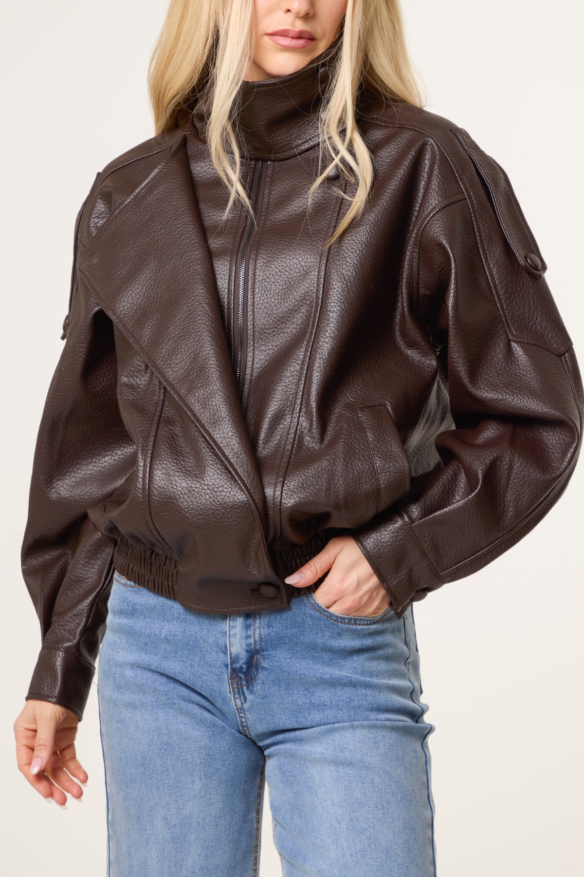 High Collar Faux Leather Jacket