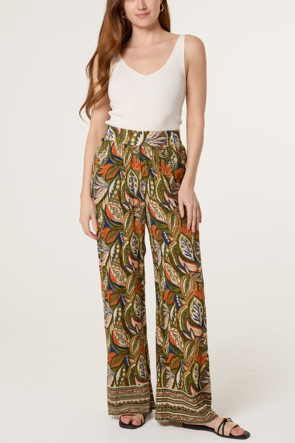 Abstract Leaf Print Straight Leg Trousers