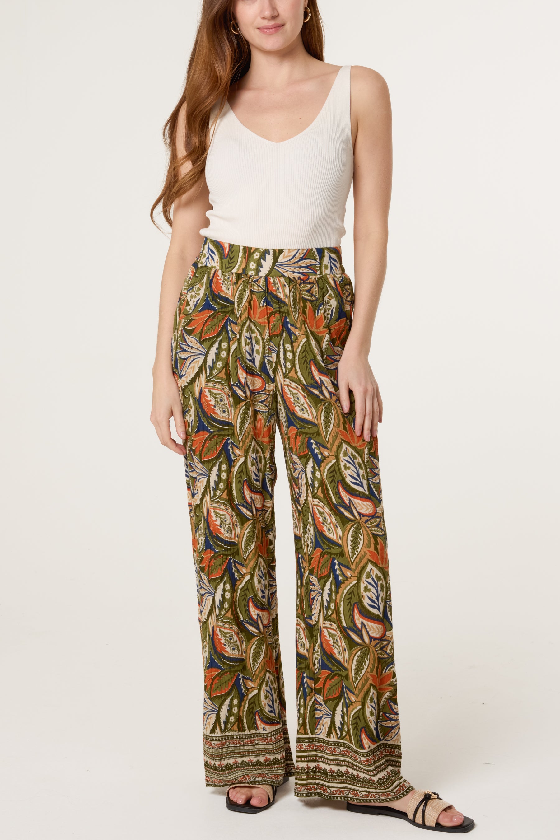 Abstract Leaf Print Straight Leg Trousers