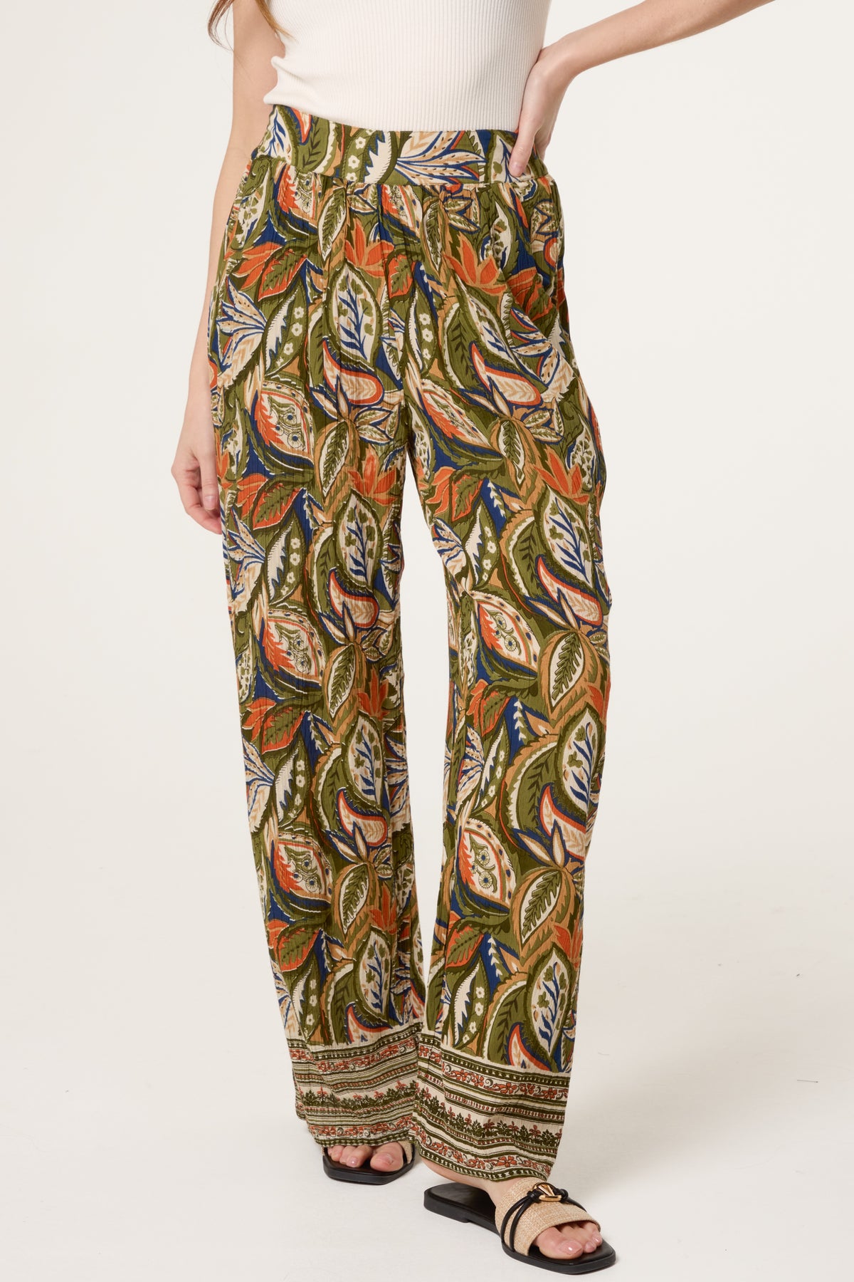 Abstract Leaf Print Straight Leg Trousers