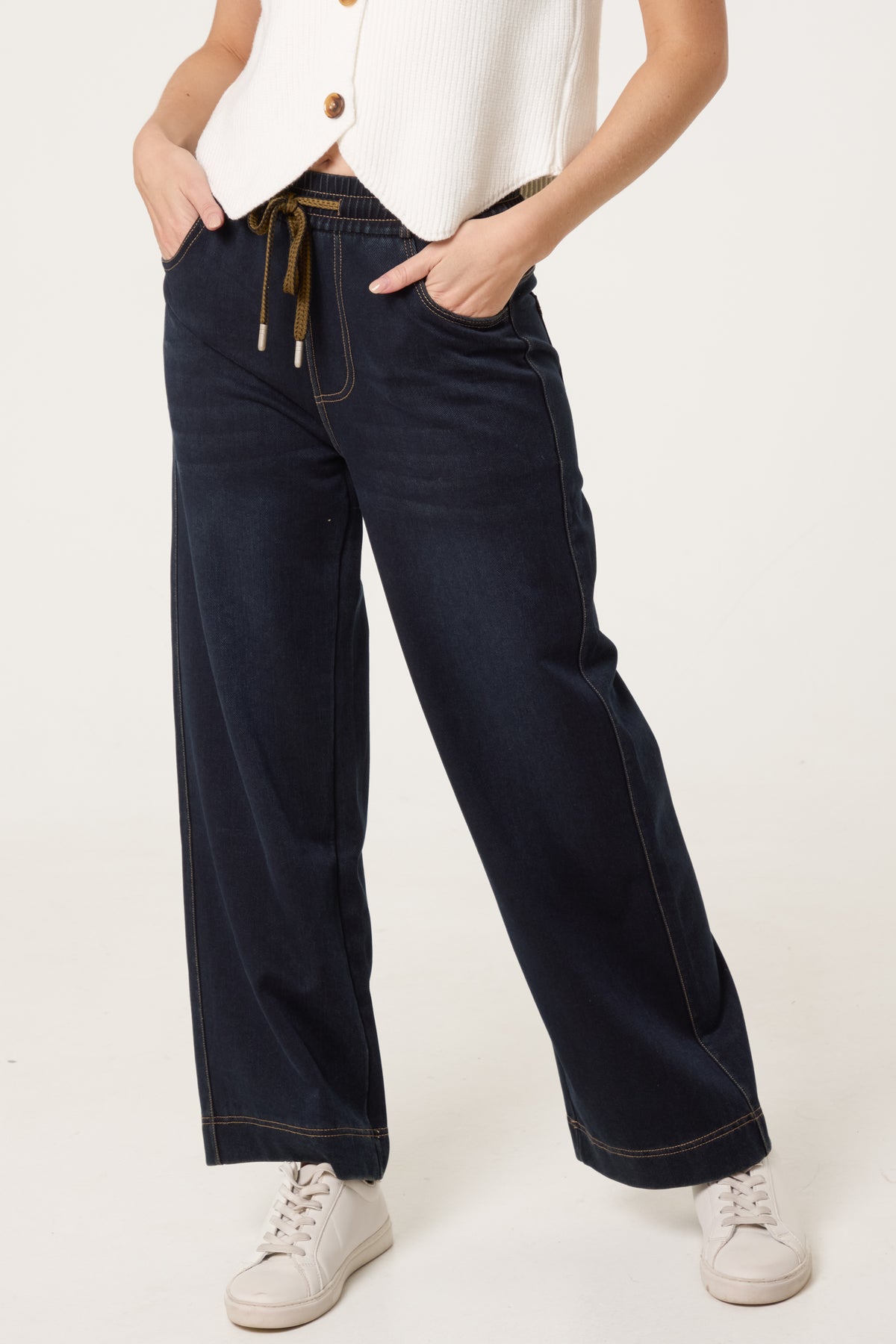 Elastic Waist Wide Leg String Jeans
