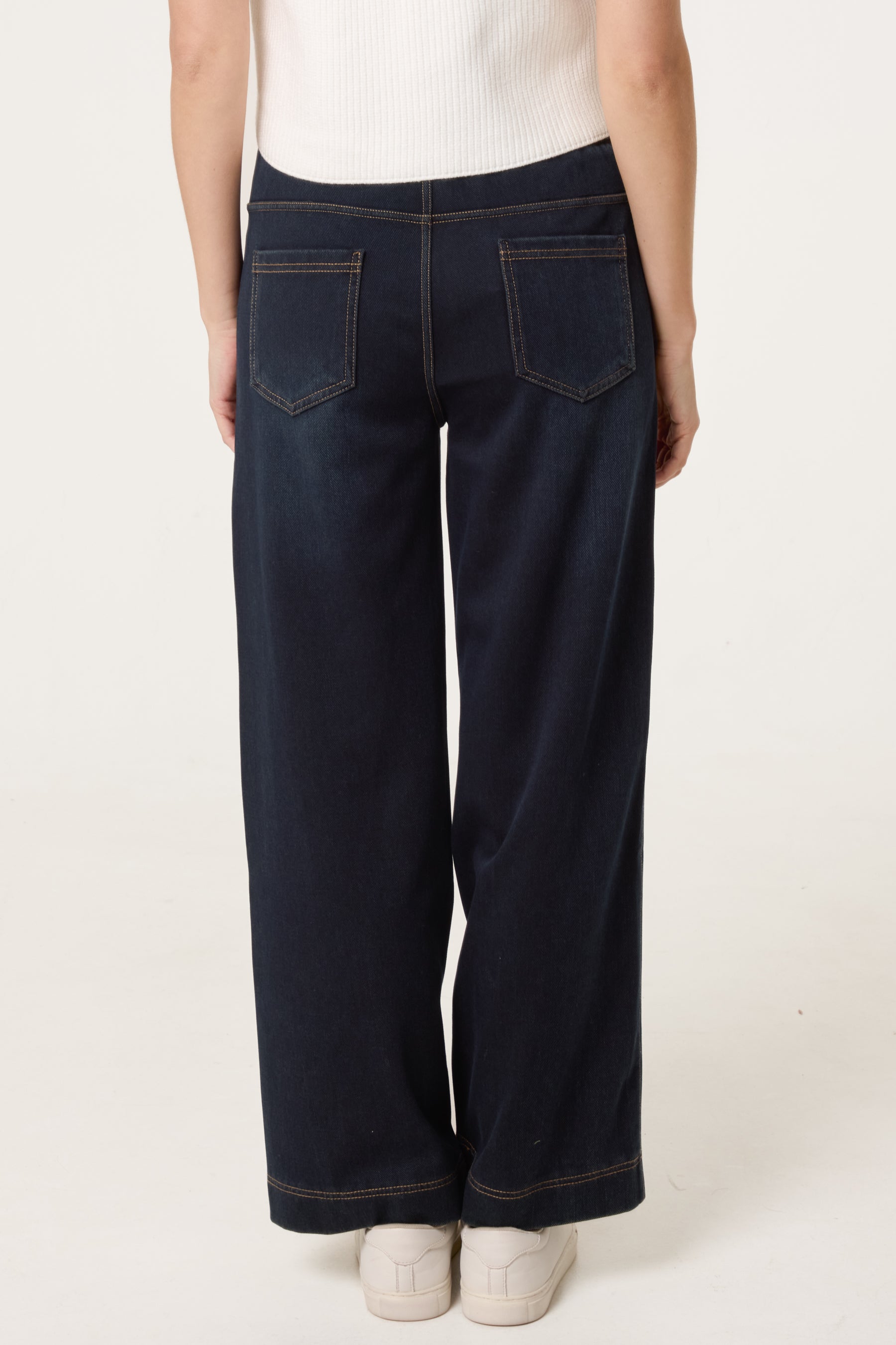 Elastic Waist Wide Leg String Jeans