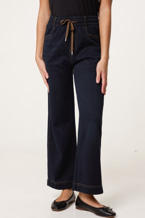 String Elastic Waist Wide Leg Jeans