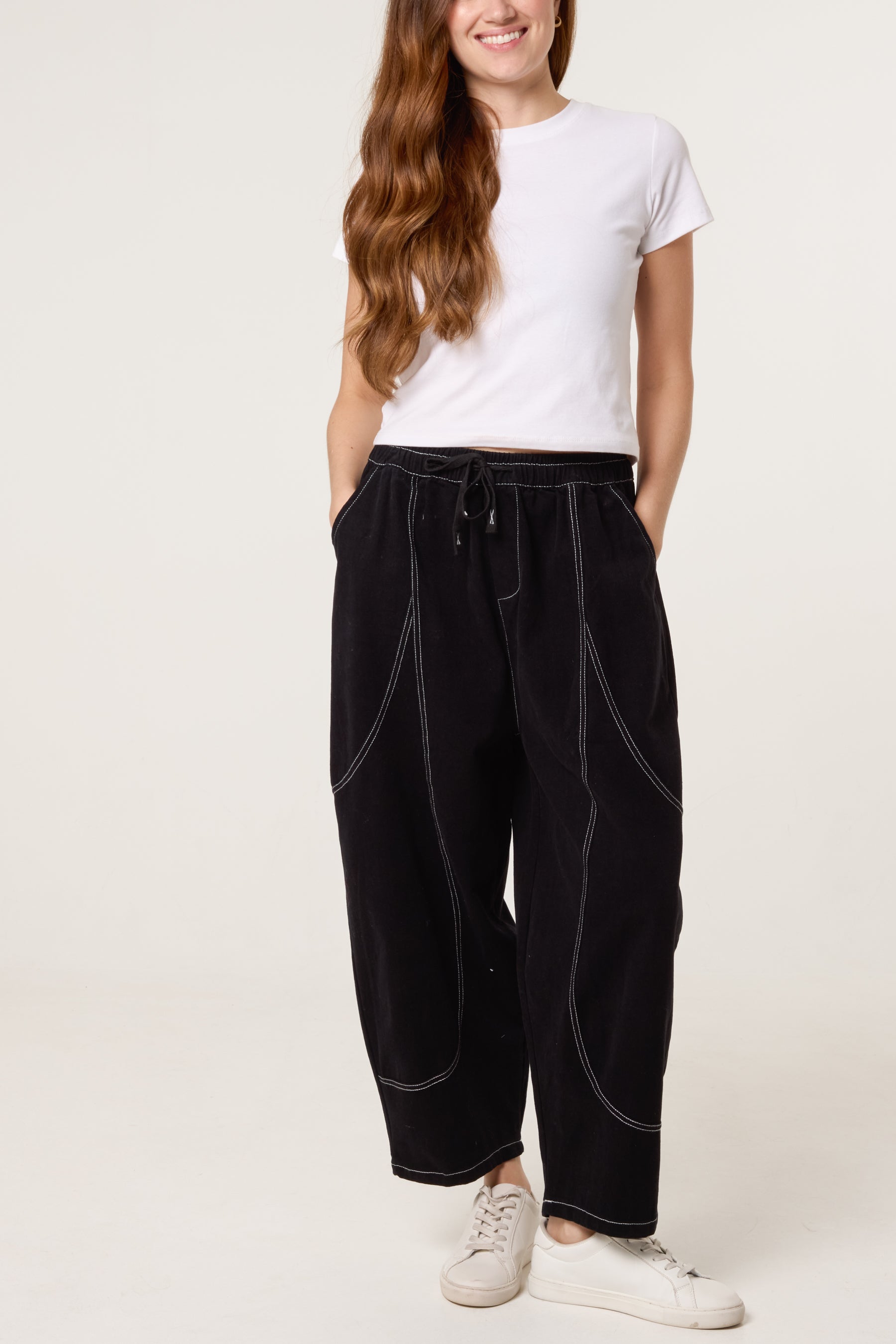 Top Stitch Barrel Leg Trousers