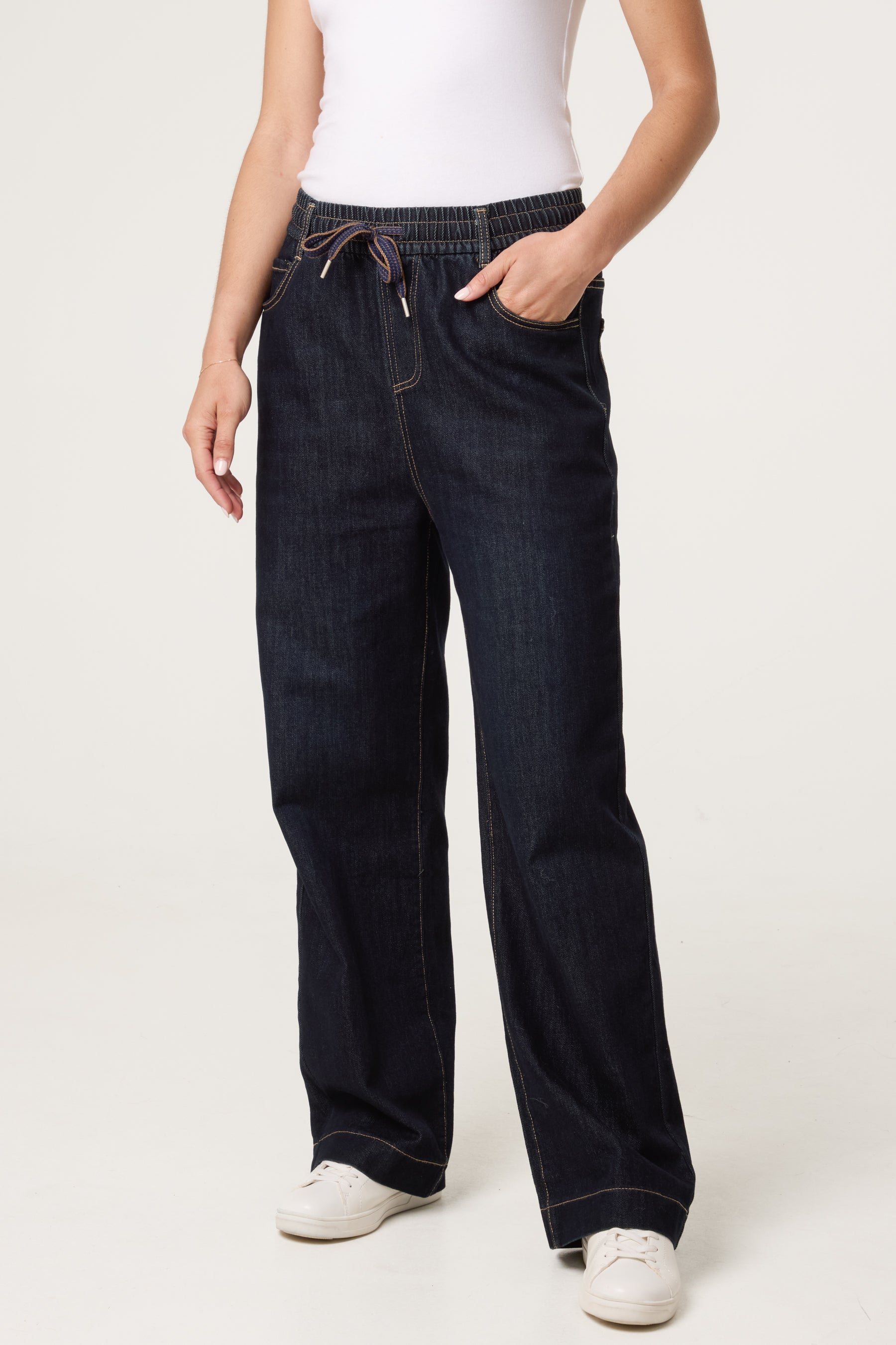 Elastic Waist Front Drawstring Jeans
