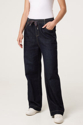 Elastic Waist Front Drawstring Jeans