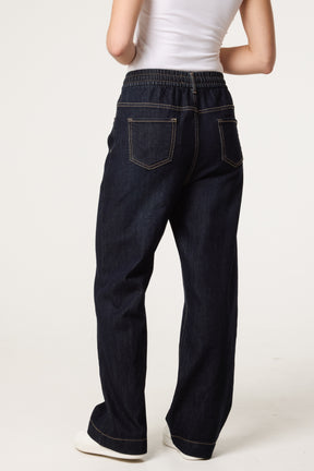 Elastic Waist Front Drawstring Jeans