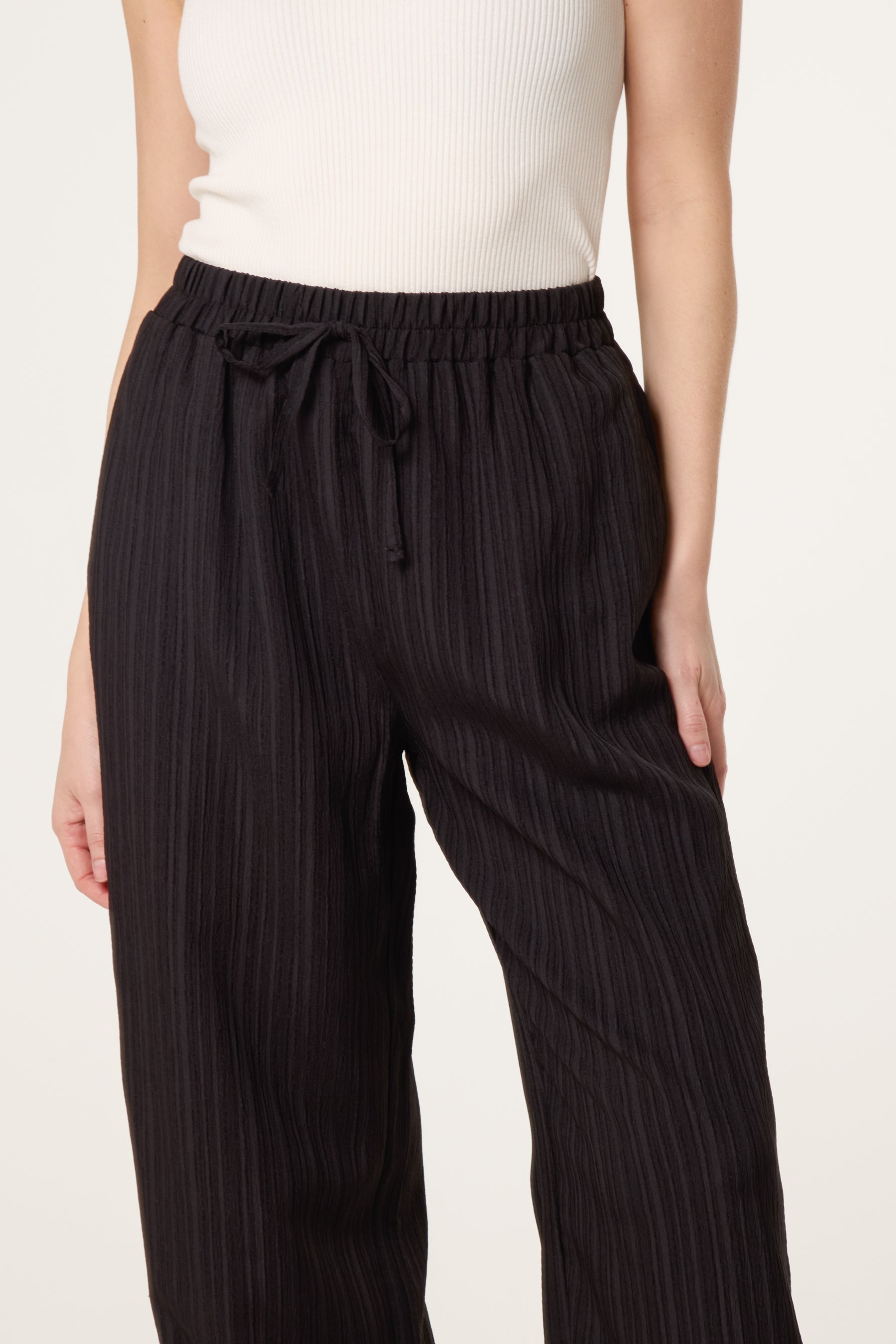 Drawcord Wide Leg Crinkle Trousers