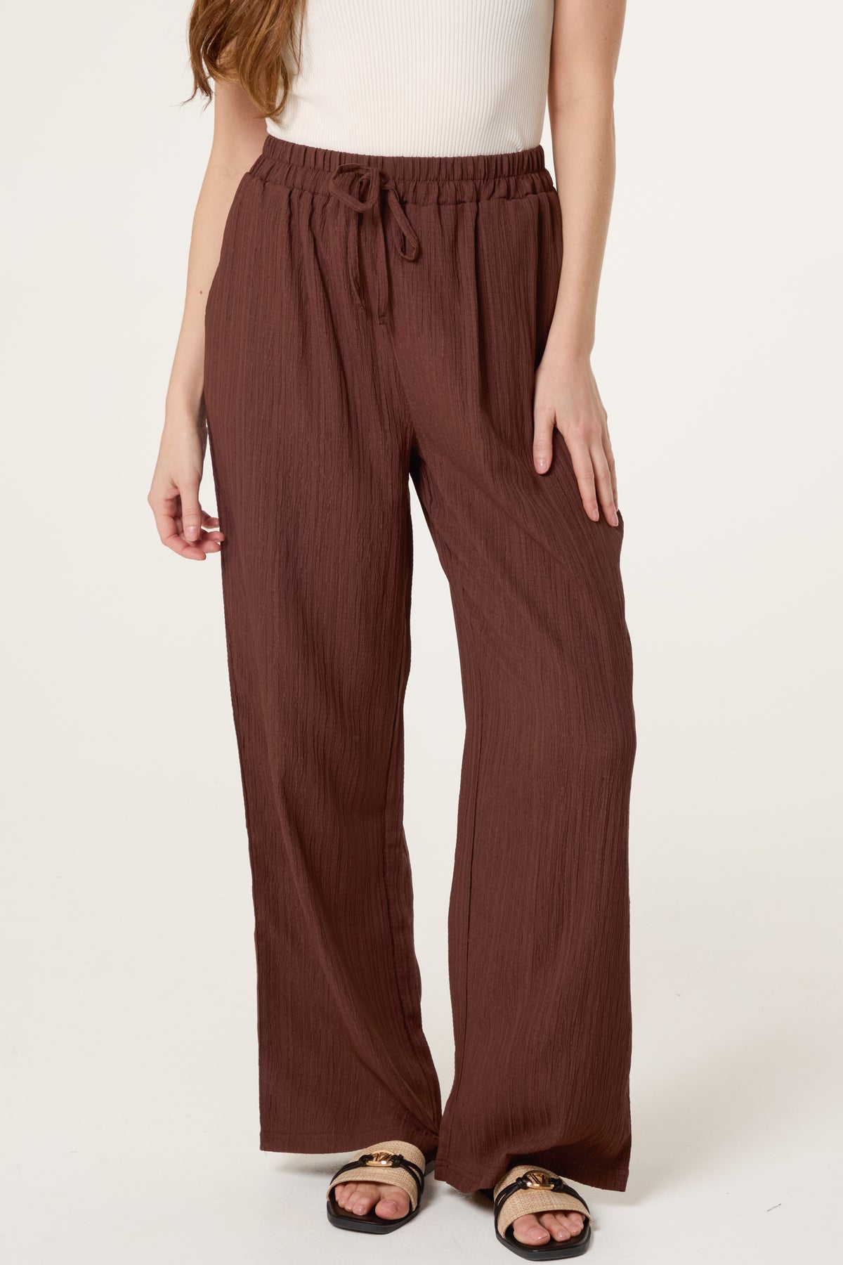 Drawcord Wide Leg Crinkle Trousers