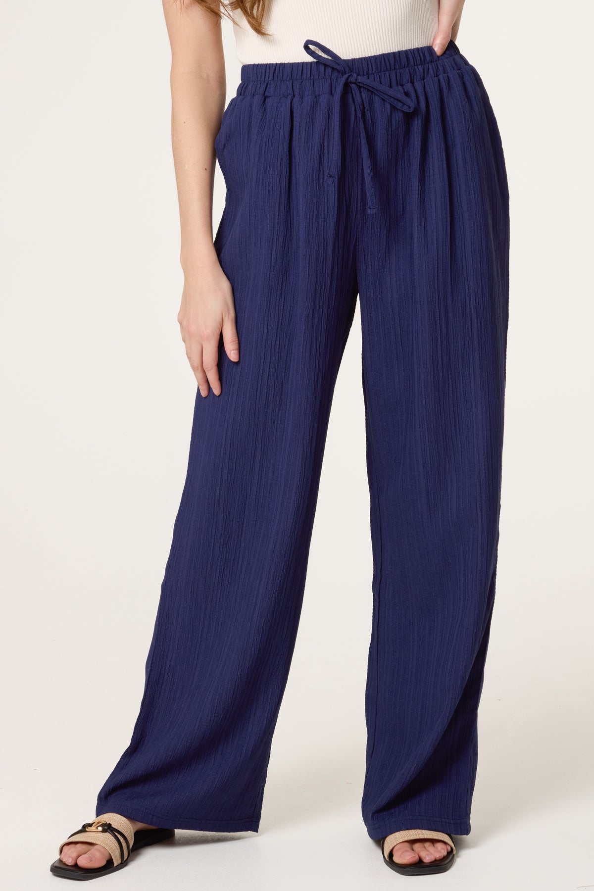 Drawcord Wide Leg Crinkle Trousers