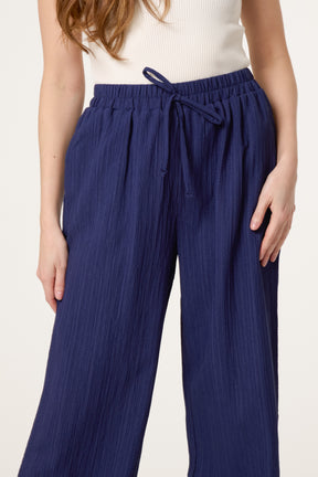 Drawcord Wide Leg Crinkle Trousers
