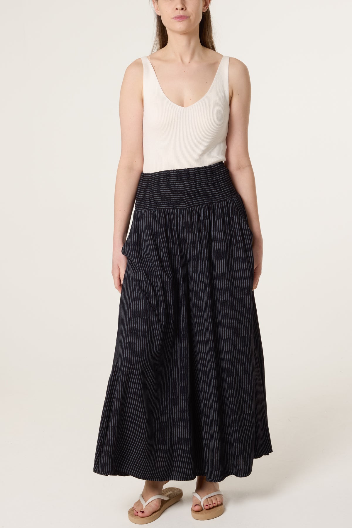 Shirred Pinstripe Palazzo Trouser