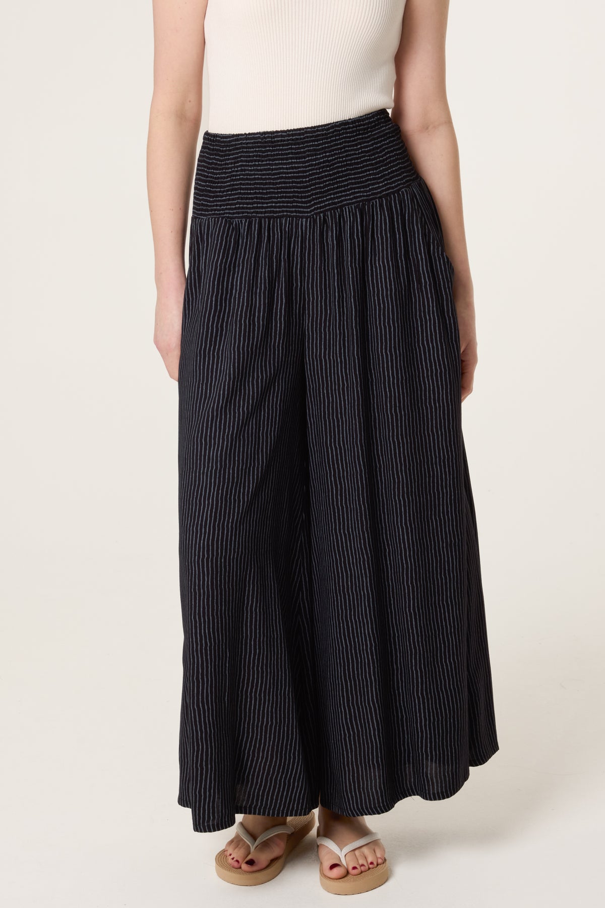 Shirred Pinstripe Palazzo Trouser