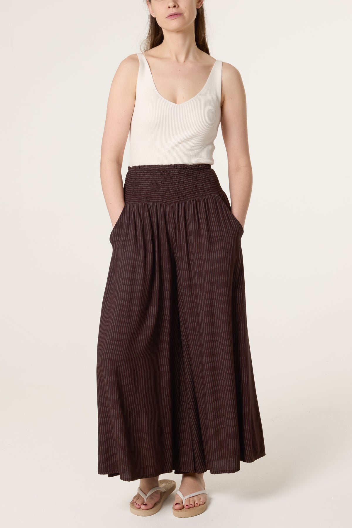 Shirred Pinstripe Palazzo Trouser