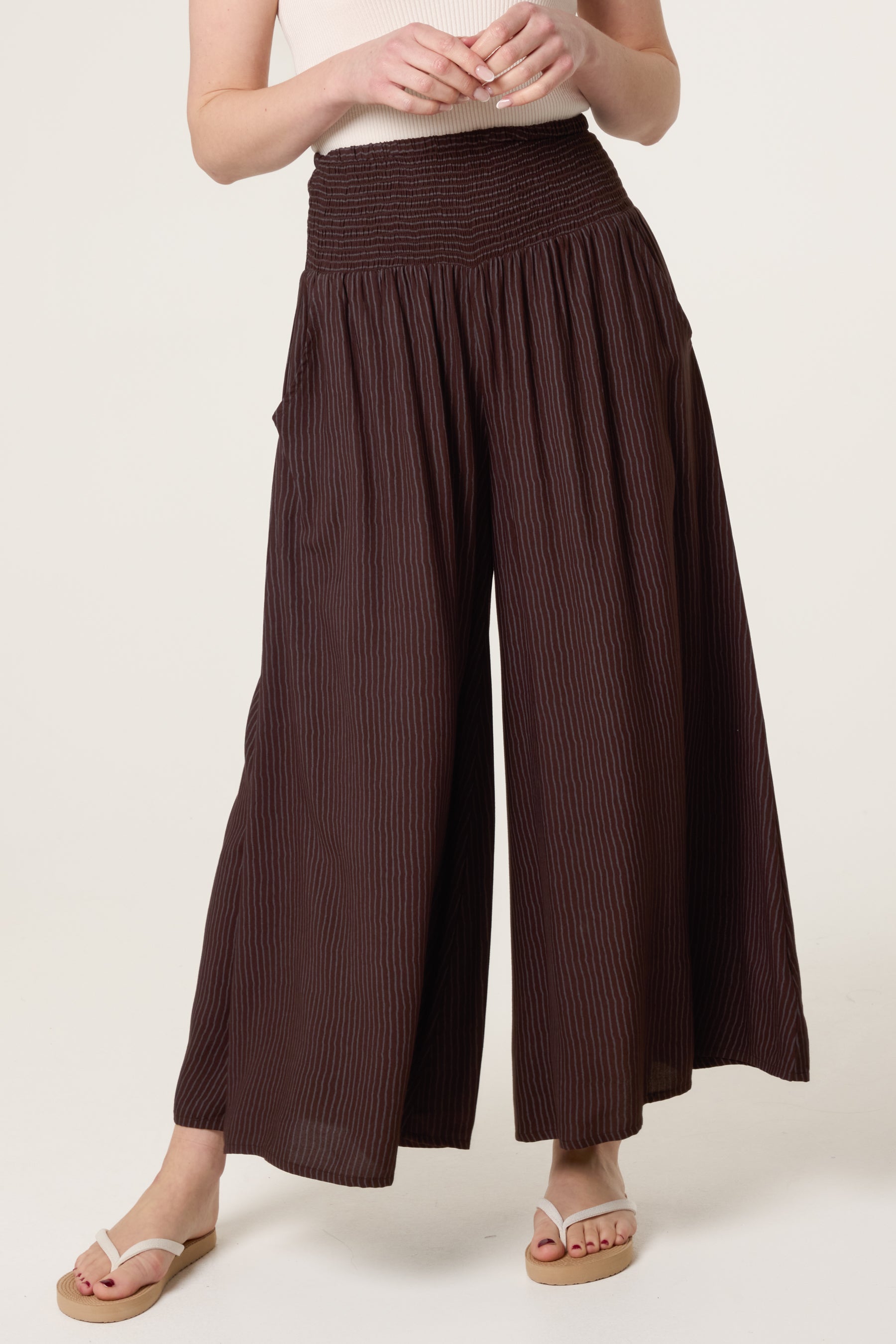Shirred Pinstripe Palazzo Trouser
