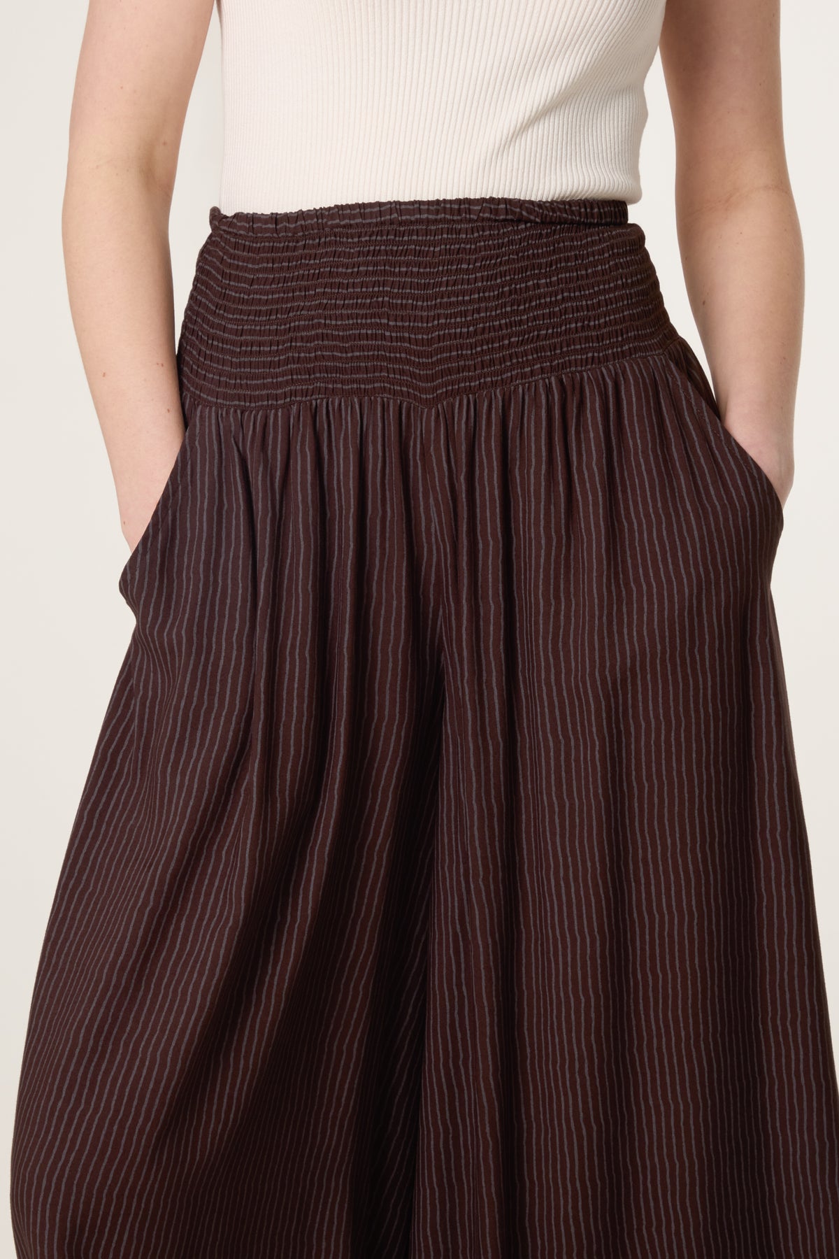 Shirred Pinstripe Palazzo Trouser