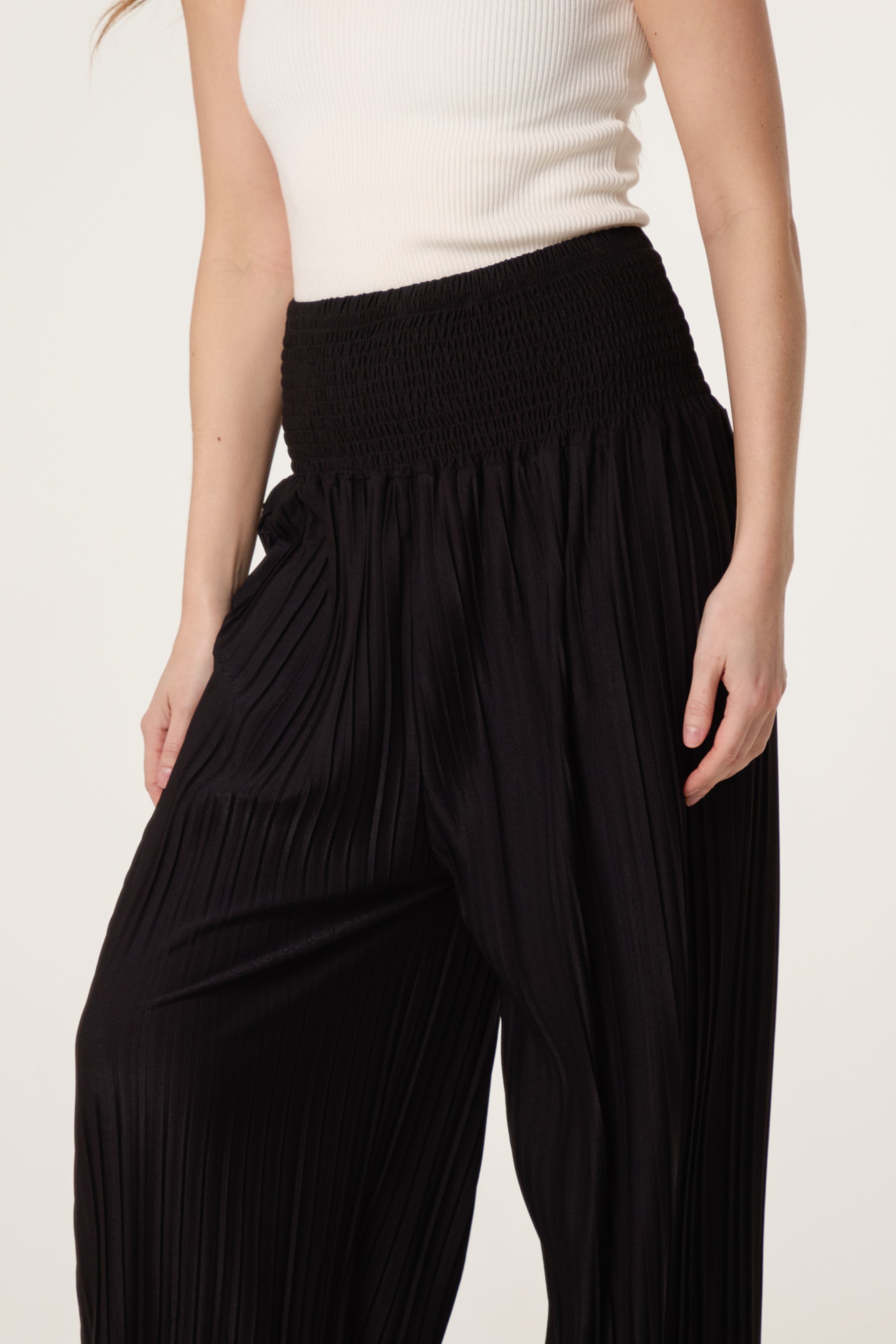Shirred Waist Pleated Wide Leg Trouser