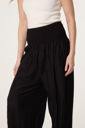Shirred Waist Pleated Wide Leg Trouser