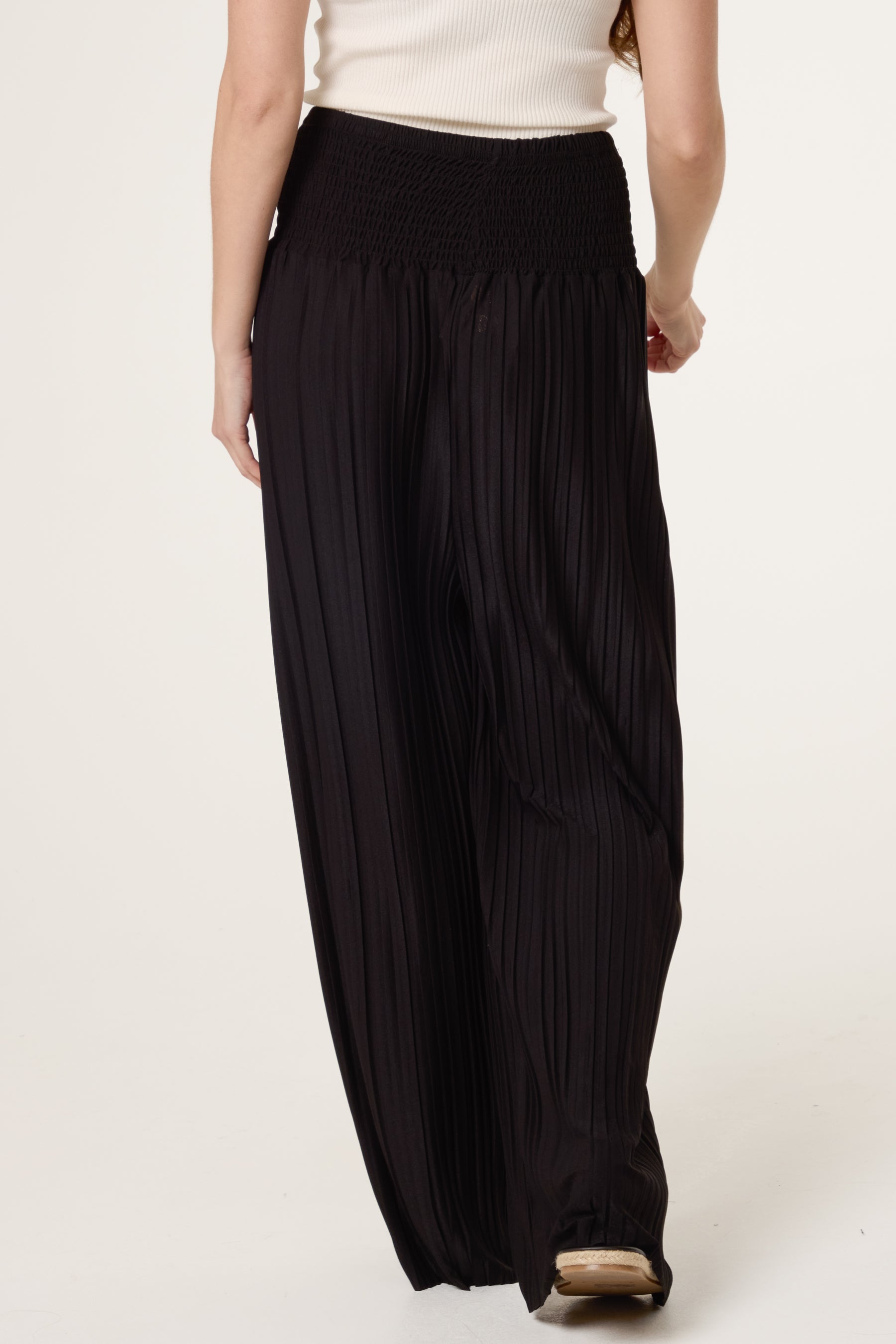 Shirred Waist Pleated Wide Leg Trouser