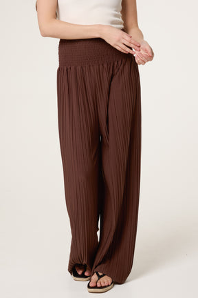 Shirred Waist Pleated Wide Leg Trouser