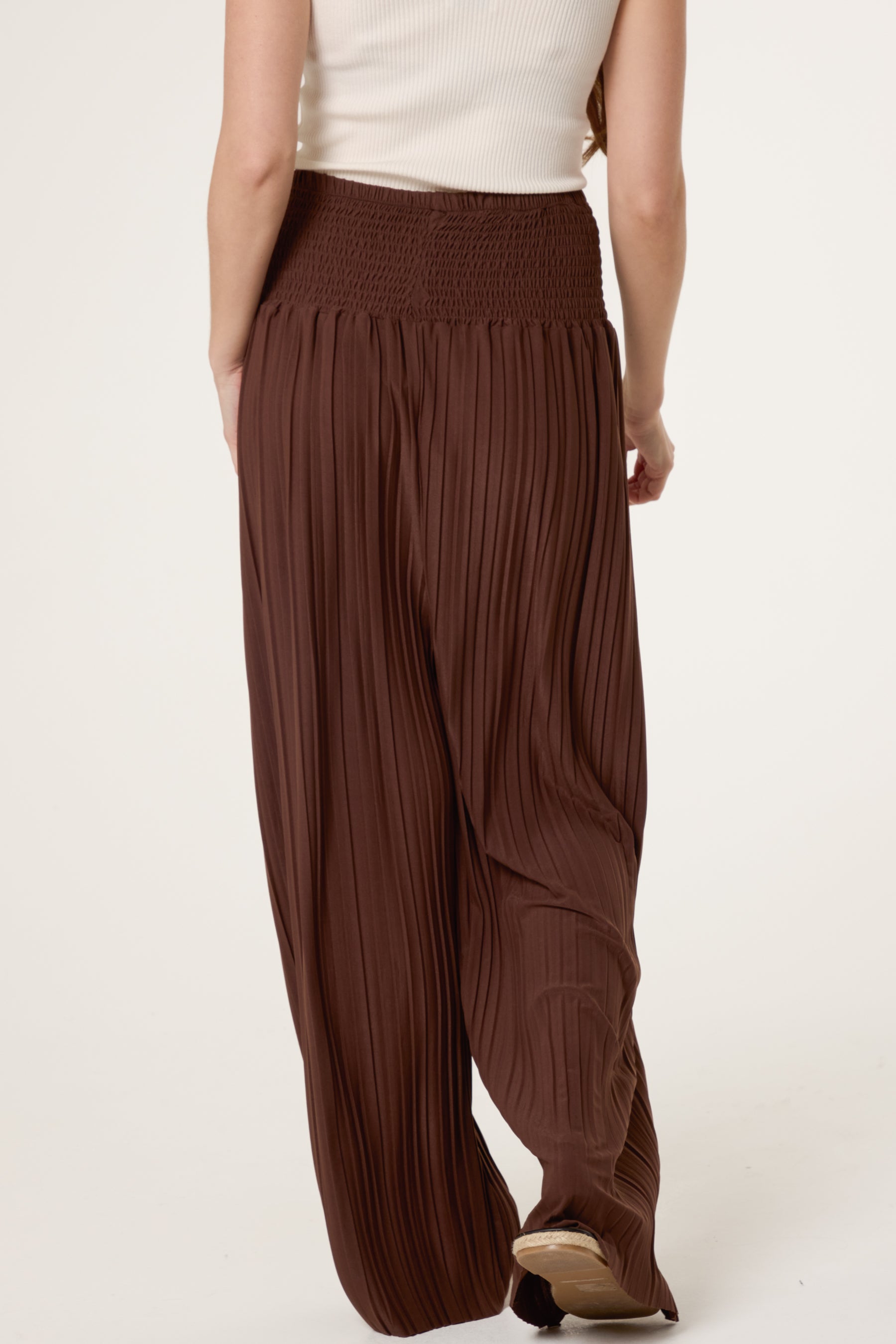Shirred Waist Pleated Wide Leg Trouser