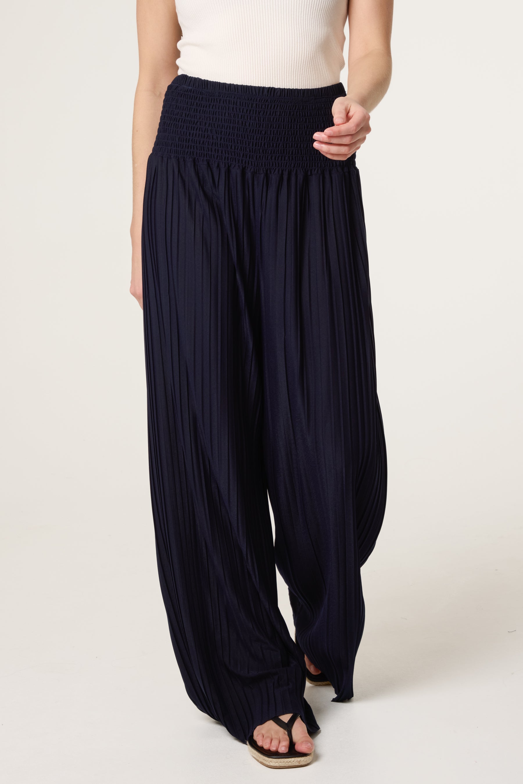 Shirred Waist Pleated Wide Leg Trouser