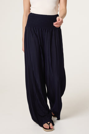 Shirred Waist Pleated Wide Leg Trouser