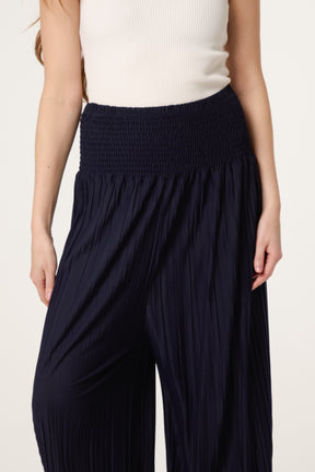 Shirred Waist Pleated Wide Leg Trouser