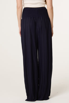 Shirred Waist Pleated Wide Leg Trouser