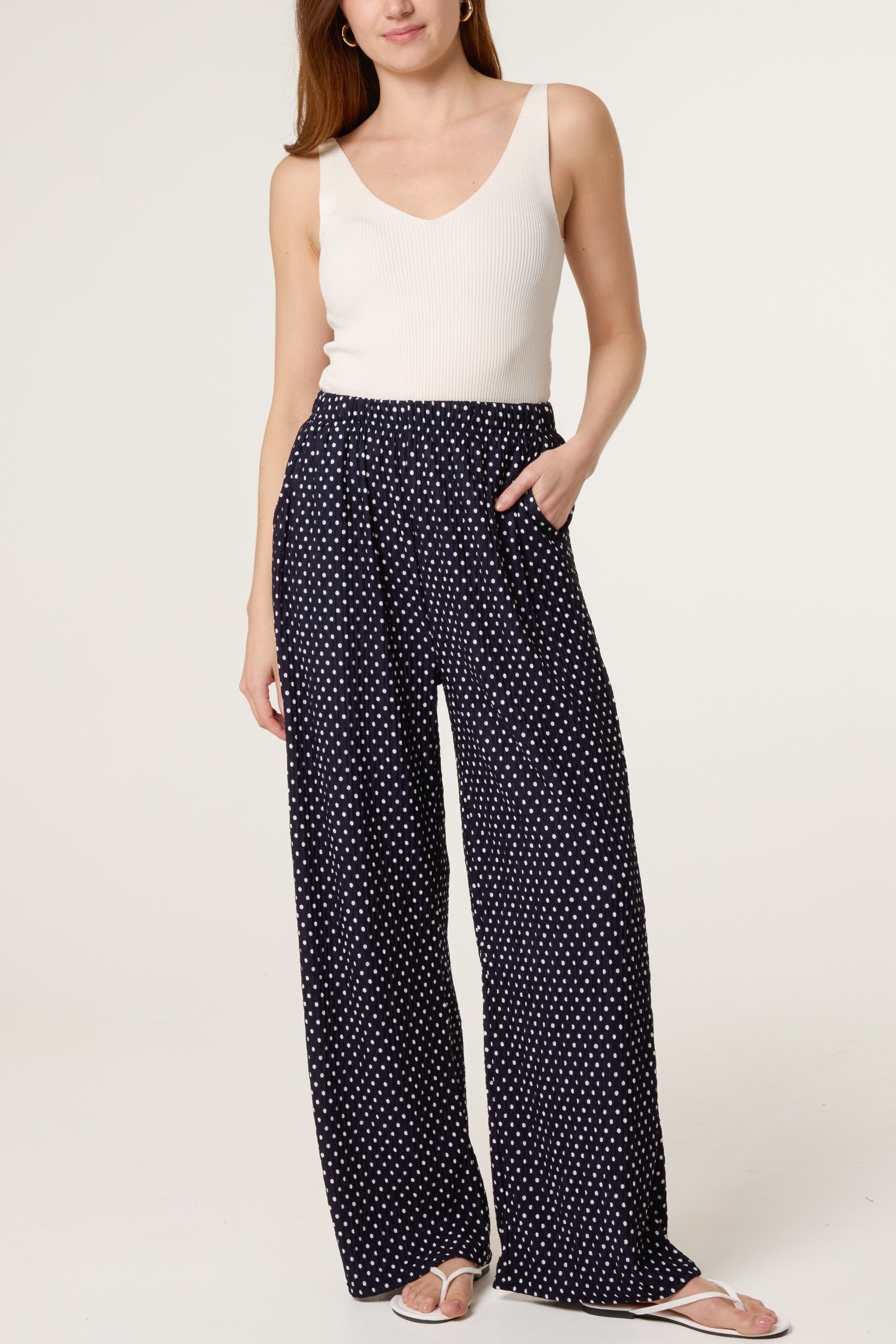 Polka Dot Crinkle Wide Leg Trouser