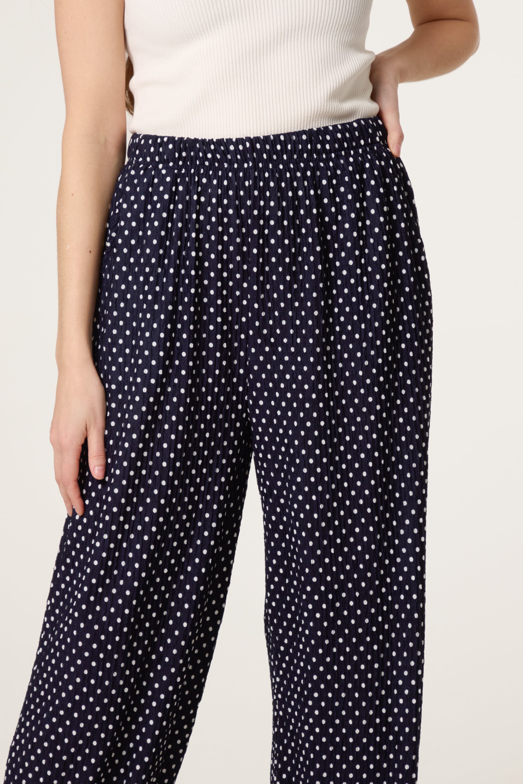 Polka Dot Crinkle Wide Leg Trouser