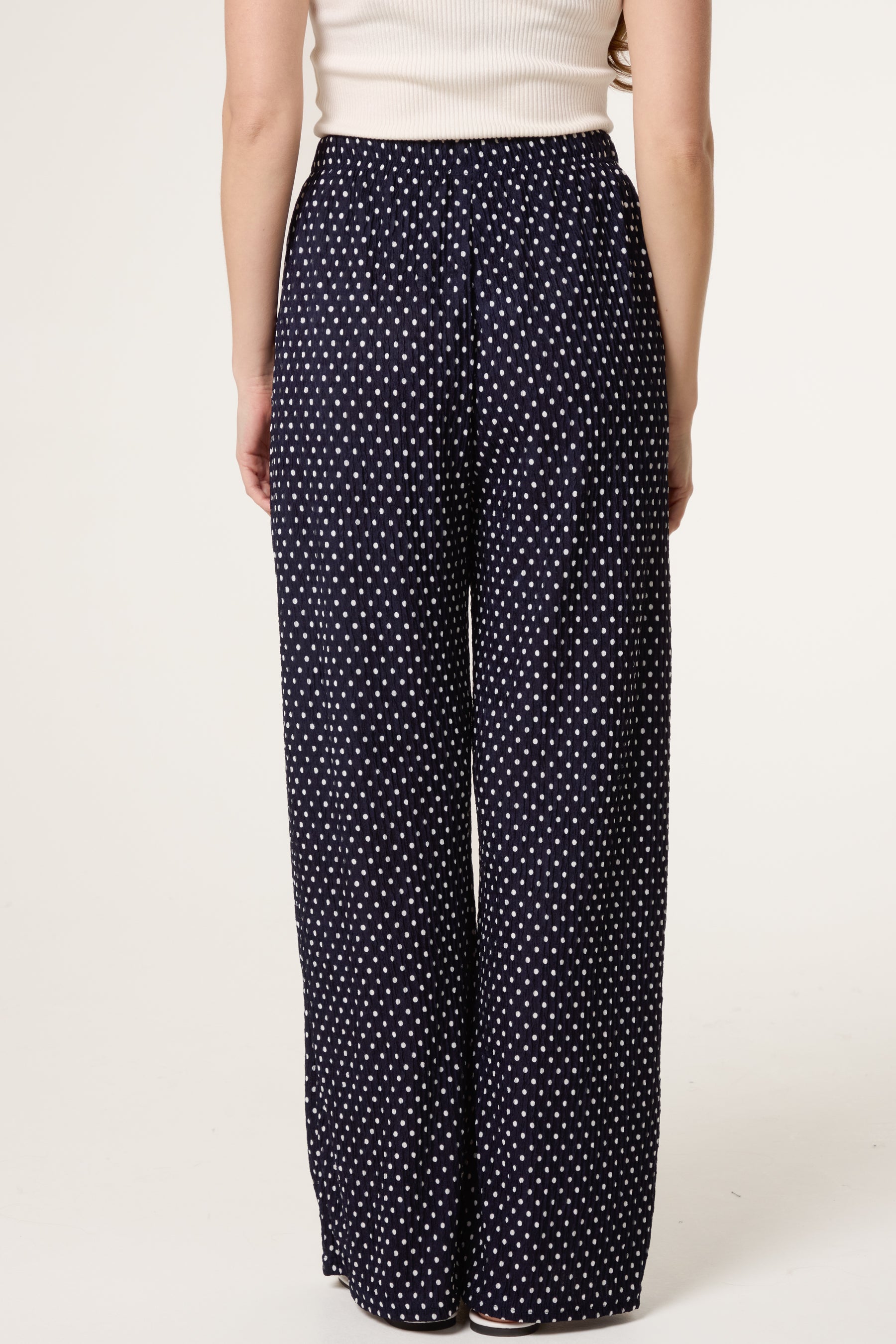 Polka Dot Crinkle Wide Leg Trouser