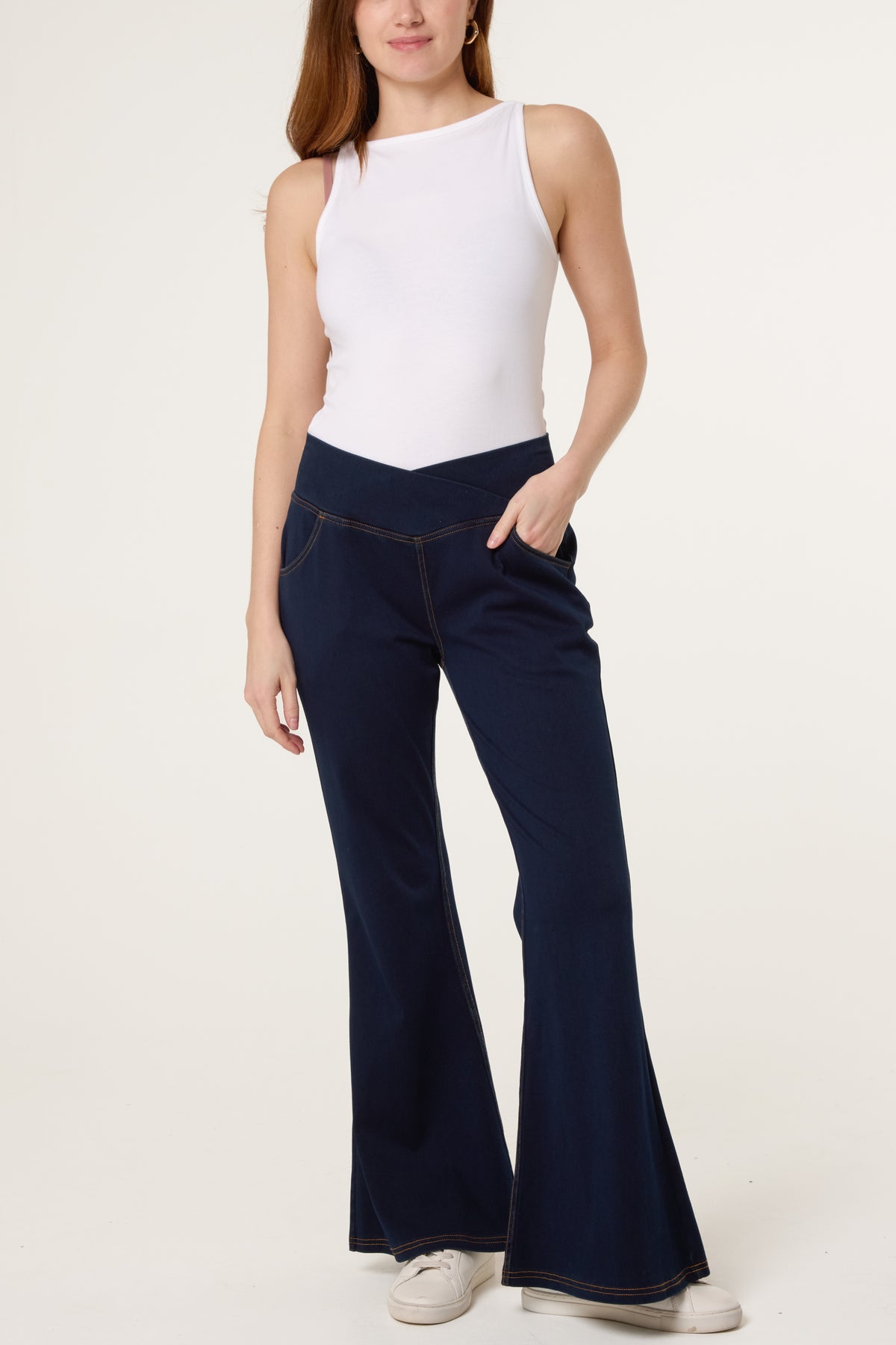 Flared Cross Over Waistband Jeans