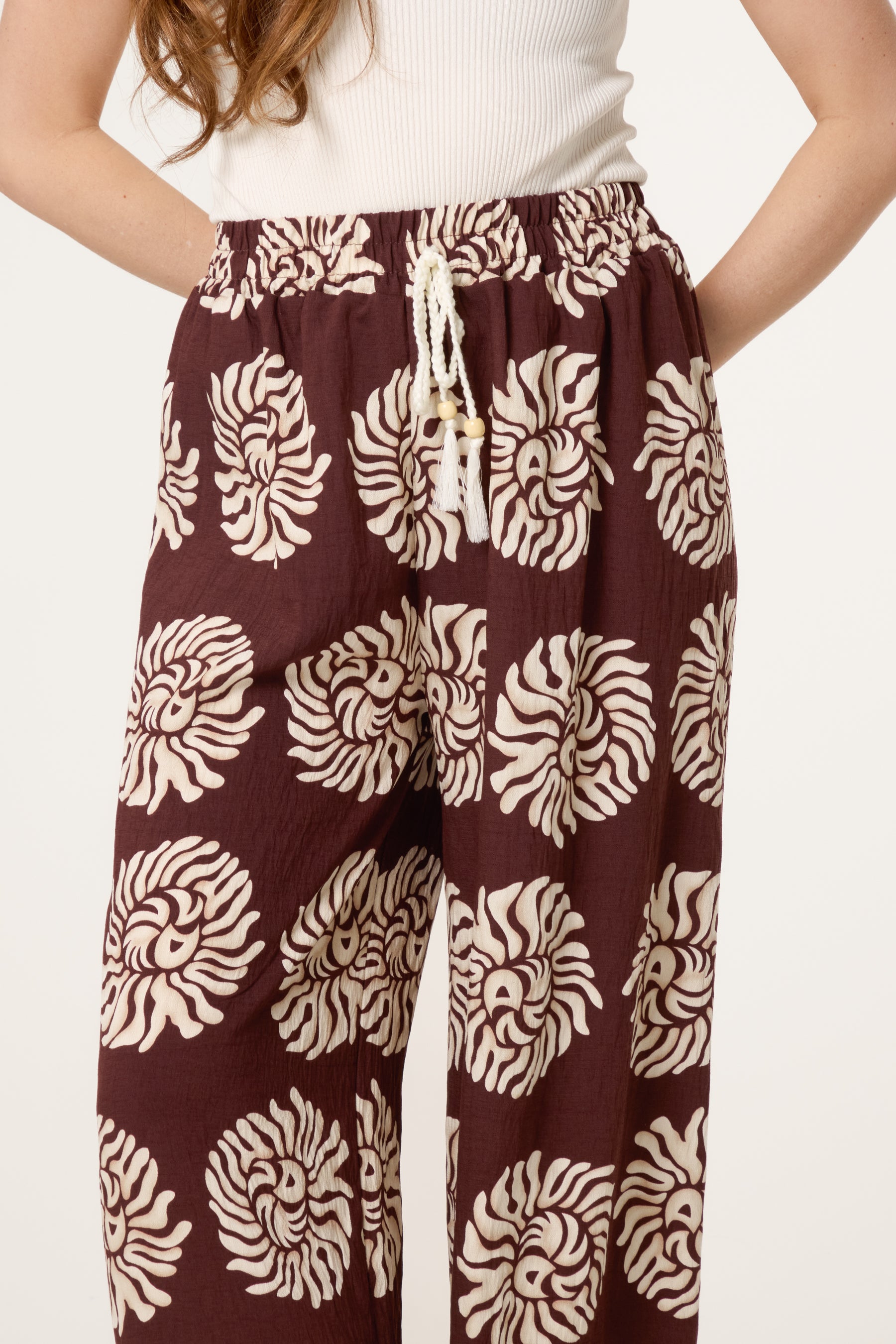 Boho Sun Drawstring Wide Leg Trousers