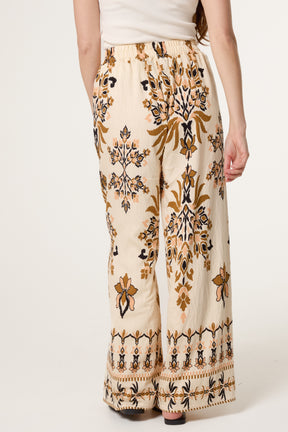 Border Print Drawstring Wide Leg Trousers