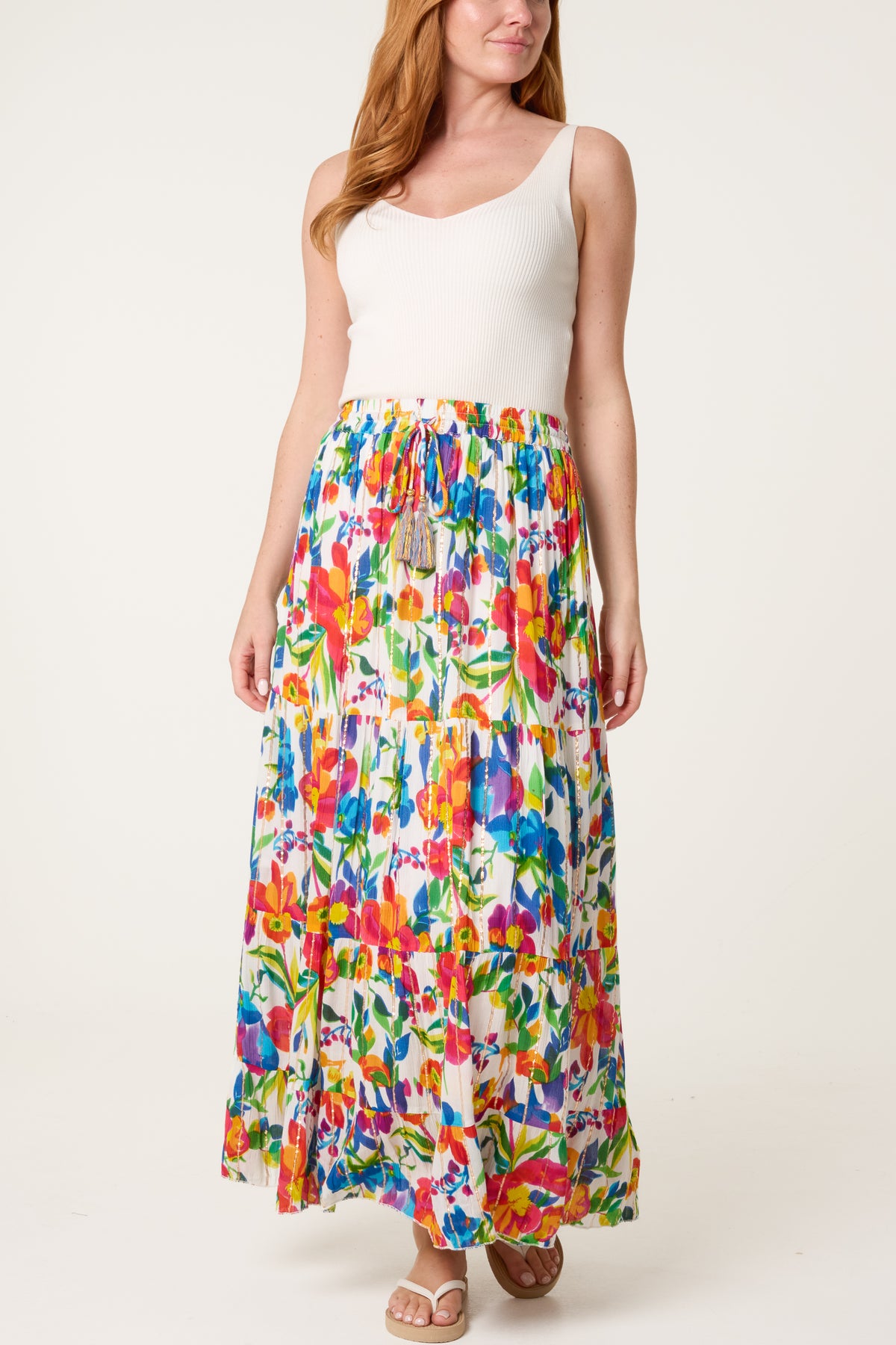 Metallic Detail Bright Floral Maxi Skirt
