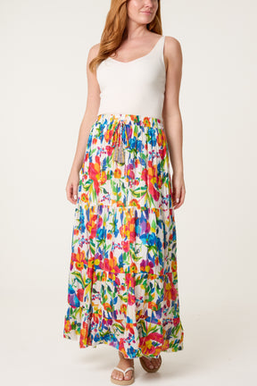 Metallic Detail Bright Floral Maxi Skirt