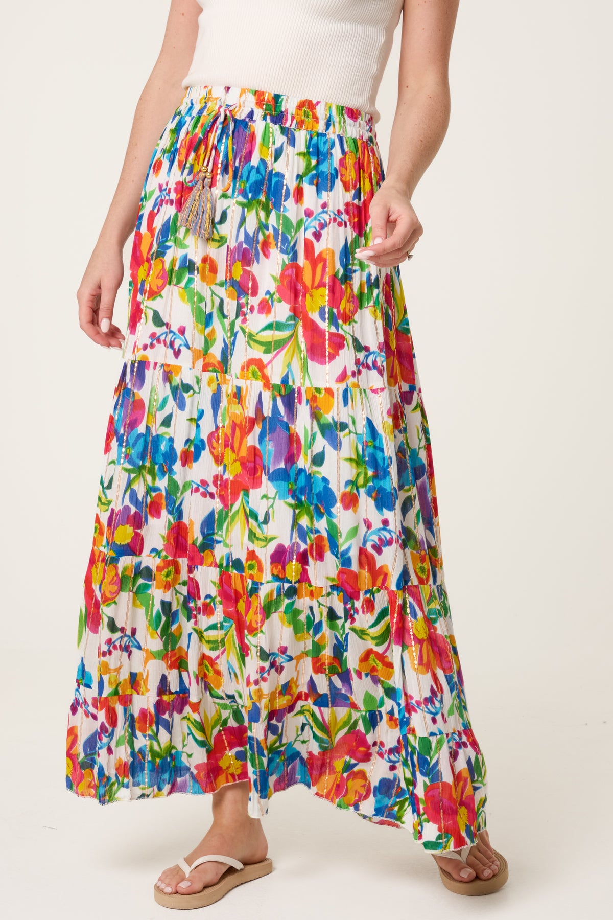 Metallic Detail Bright Floral Maxi Skirt