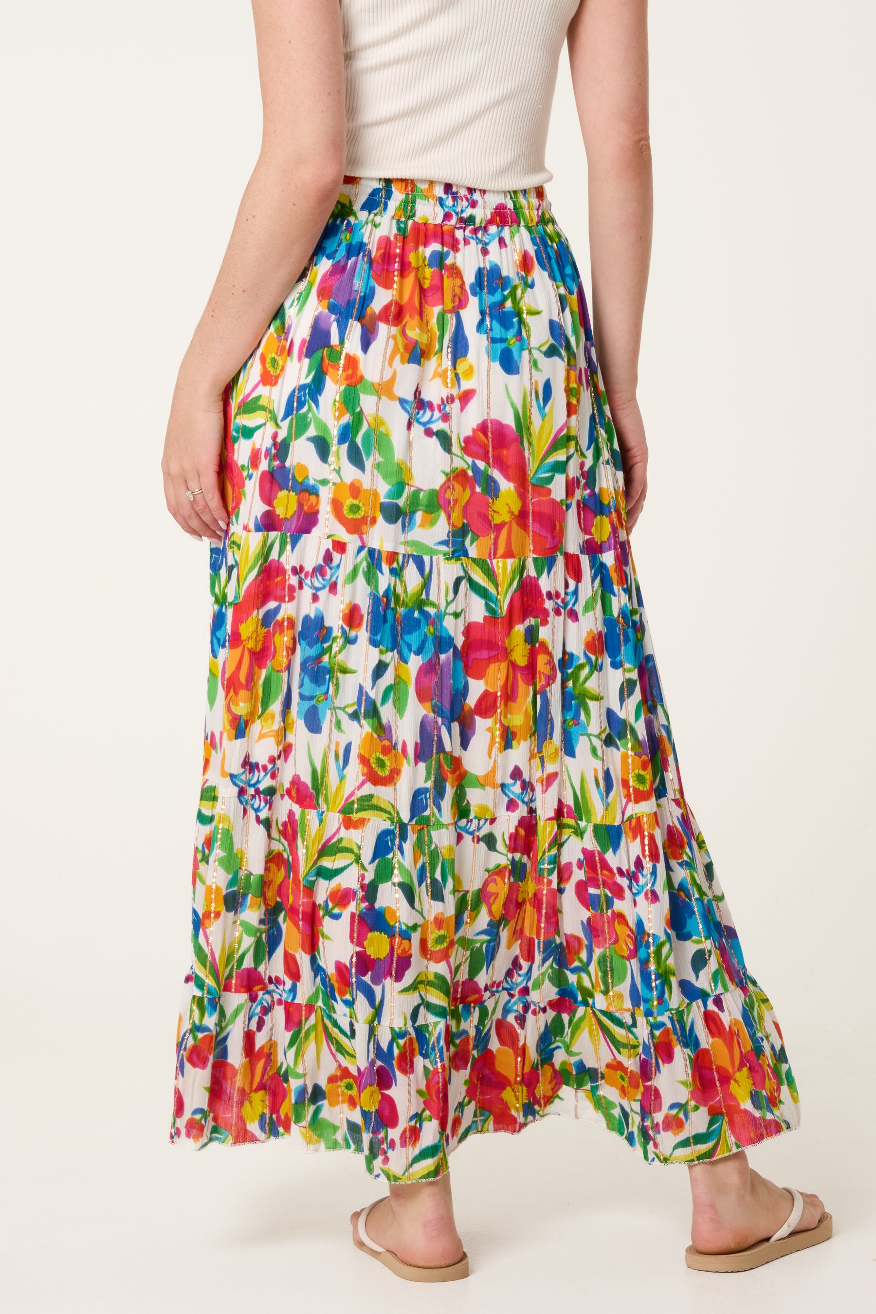 Metallic Detail Bright Floral Maxi Skirt