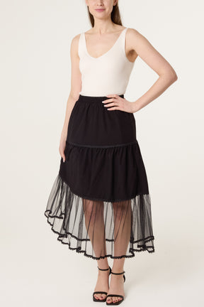 Lace Trim Tiered Midi Skirt