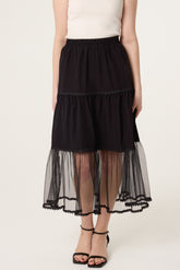 Lace Trim Tiered Midi Skirt