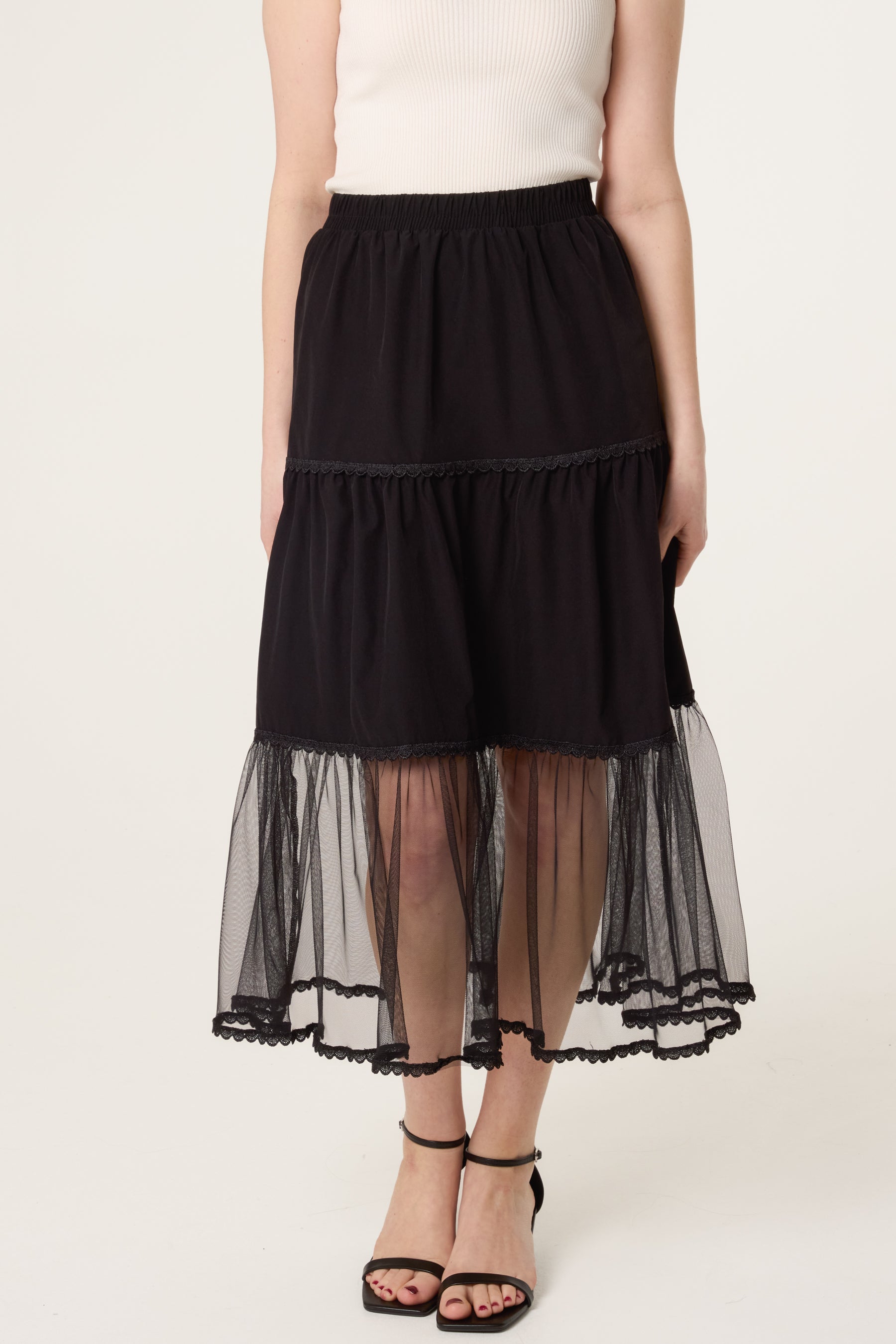 Lace Trim Tiered Midi Skirt