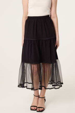 Lace Trim Tiered Midi Skirt
